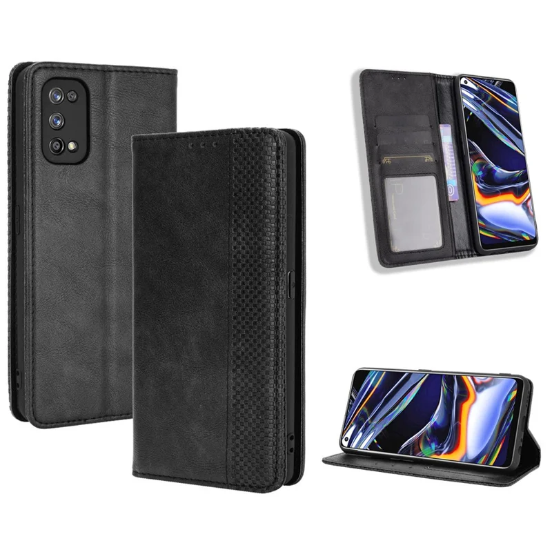 Auto-absorbed Retro Leather Case Cover for Realme 7 Pro - Black