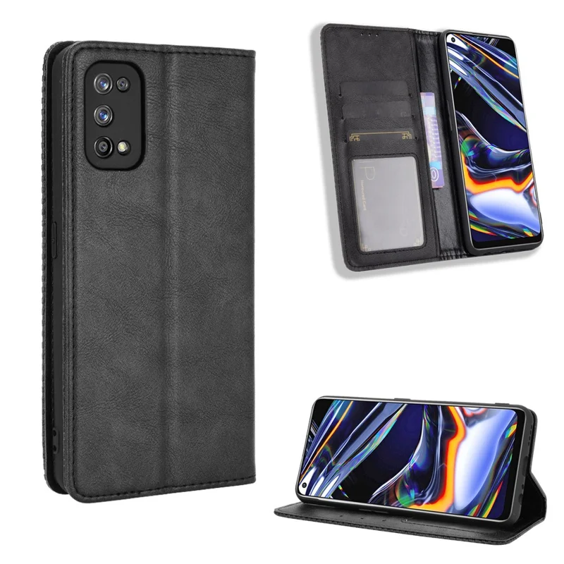 Auto-absorbed Retro Leather Case Cover for Realme 7 Pro - Black