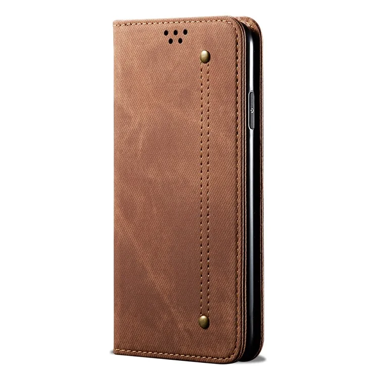 Leisure Style Jeans Cloth Texture Wallet Cell Phone Stand Leather Case for Vivo Y70 2020 - Brown