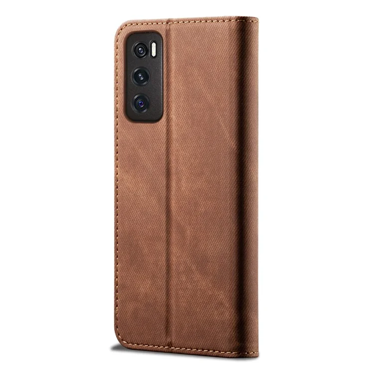 Leisure Style Jeans Cloth Texture Wallet Cell Phone Stand Leather Case for Vivo Y70 2020 - Brown