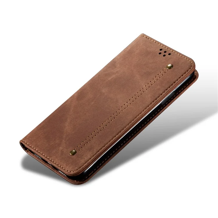 Jean de Style Loisir Portefeuille de Texture en Tissu Portable de Téléphone Portable Étui en Cuir Pour Vivo Y70 2020 - Brun