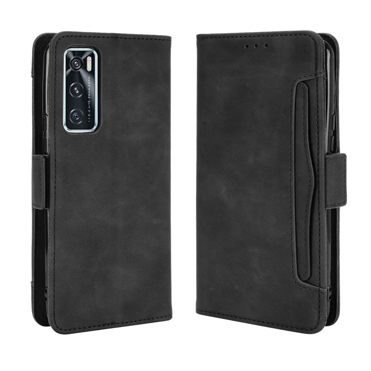 Carteira de Couro com Vários Compartimentos de Cartão e Capa de Telefone Celular para vivo V20 SE / vivo Y70 2020 - Preto