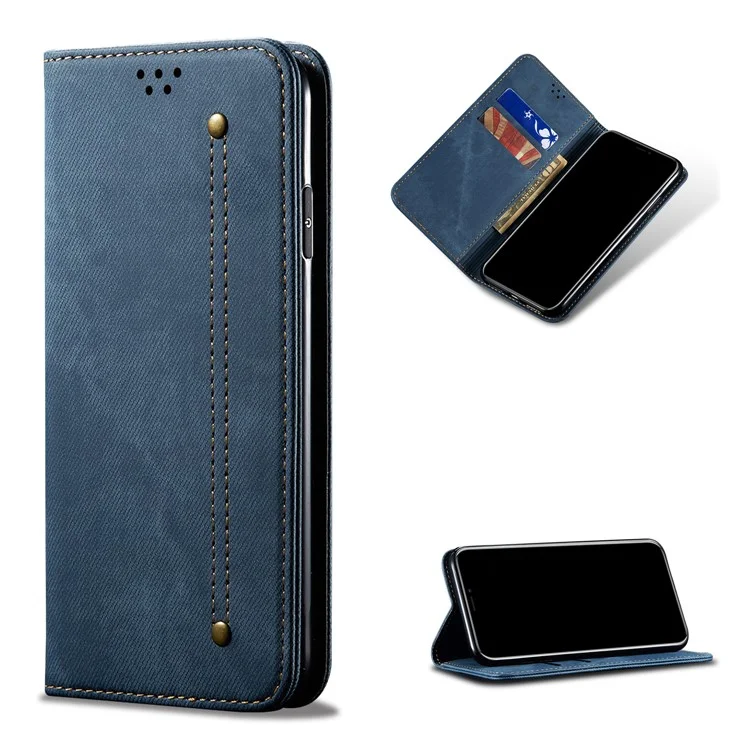 Jeans Cloth Texture Leisure Style Cell Phone Leather Case with Wallet and Stand for Realme 7i (Asia) - Blue