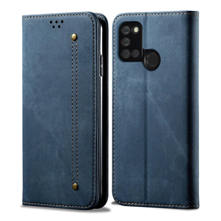 Jeans Cloth Texture Leisure Style Cell Phone Leather Case with Wallet and Stand for Realme 7i (Asia) - Blue