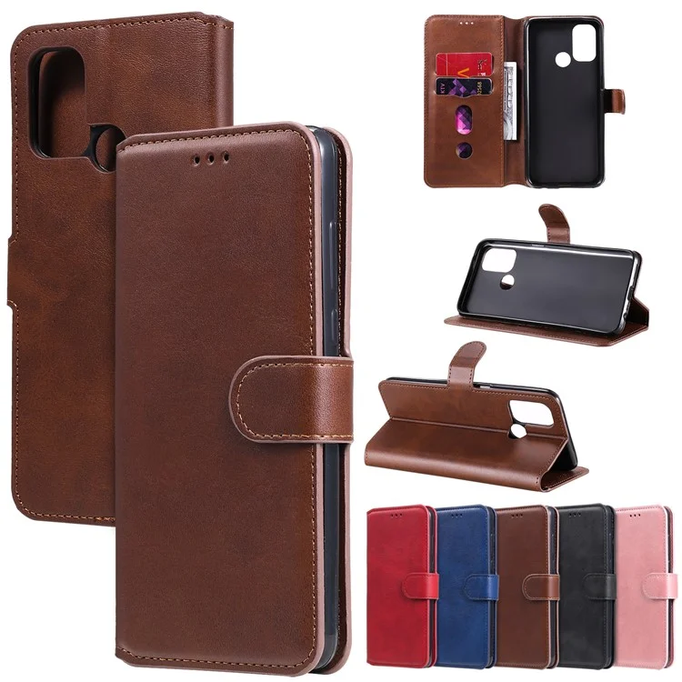 Classic Style Magnetic Clasp Wallet + Stand Flip Leather Phone Case for Oppo A32 (2020)/A53(2020)/Oppo A53s - Brown