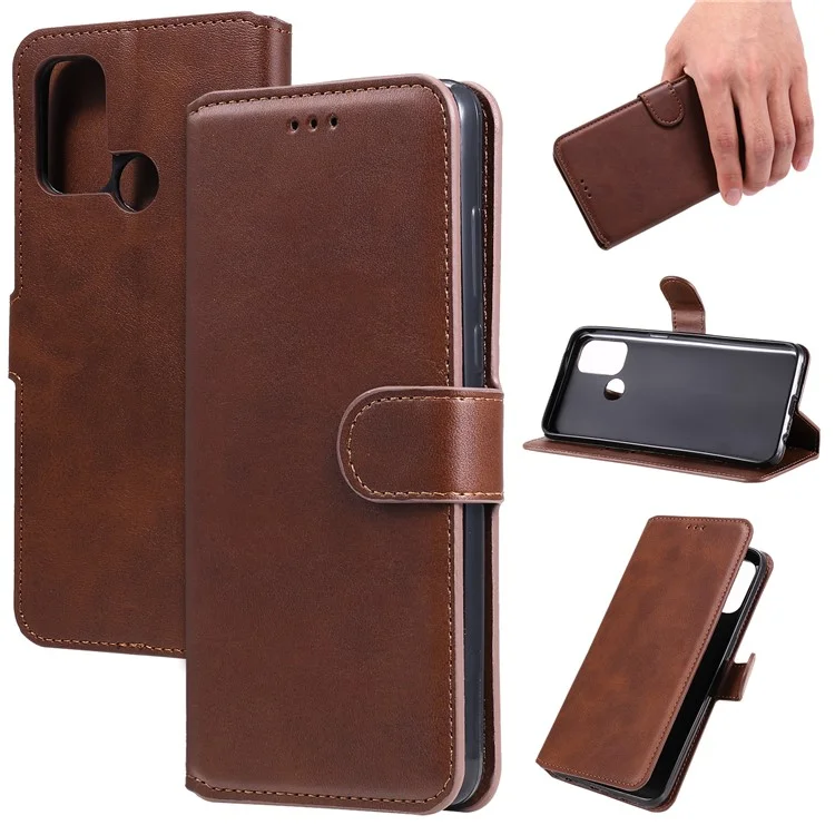 Classic Style Magnetic Clasp Wallet + Stand Flip Leather Phone Case for Oppo A32 (2020)/A53(2020)/Oppo A53s - Brown