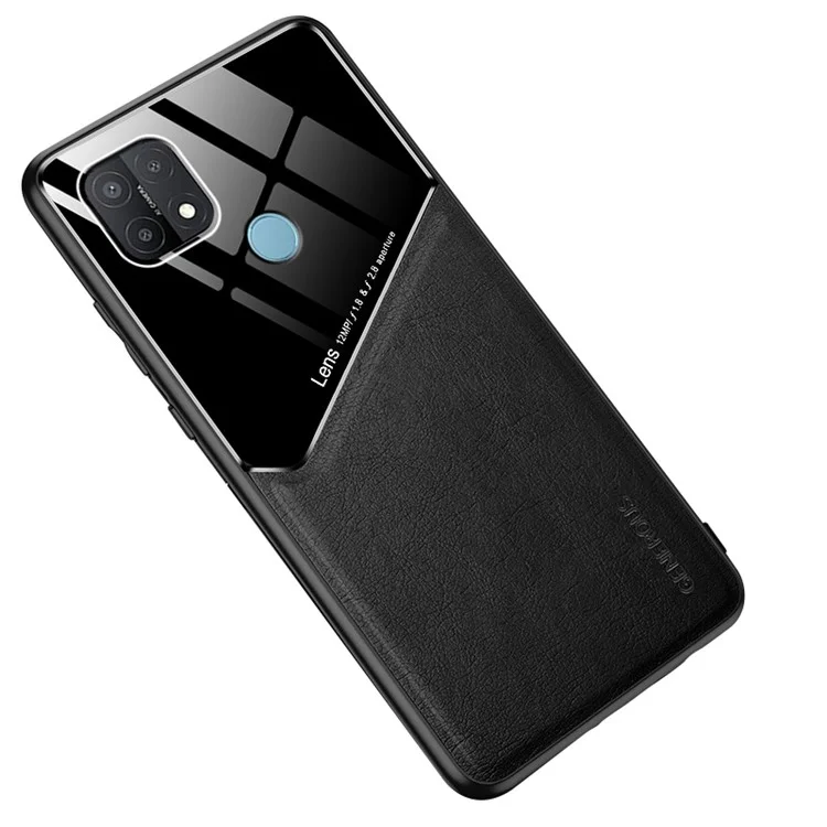 Leather Coated Glass PC TPU Combo Case for OPPO A15 Protector Cover [Built-in Magnetic Metal Sheet] - Black