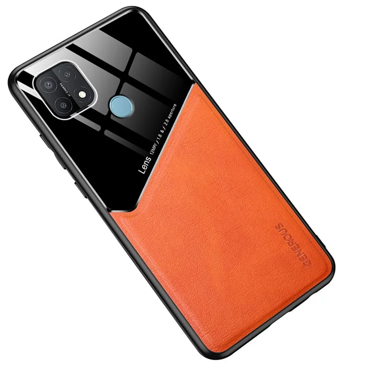 Leather Coated Glass PC TPU Combo Case for OPPO A15 Protector Cover [Built-in Magnetic Metal Sheet] - Orange