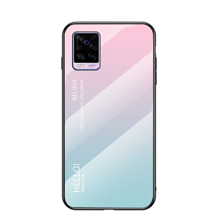 Capa traseira de vidro temperado com gradiente de cor e bordas de TPU macio para o Vivo V20 - Rosa/Azul