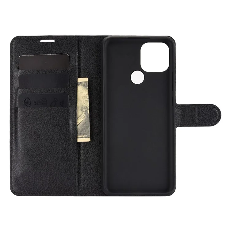 Portafoglio in pelle con design a buccia di litchi Custodia protettiva per telefono con supporto per OPPO A15 - Nero