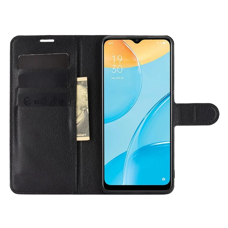 Litchi Skin Wallet Design Leather Phone Protective Cover Shell with Stand for OPPO A15 - Black