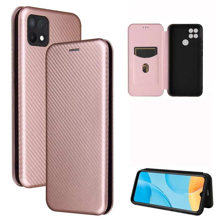 Protettore in Pelle Assorbita Automatica Della Trama in Fibra di Carbonio Per Guscio di Supporto Oppo A15 - Oro Rosa