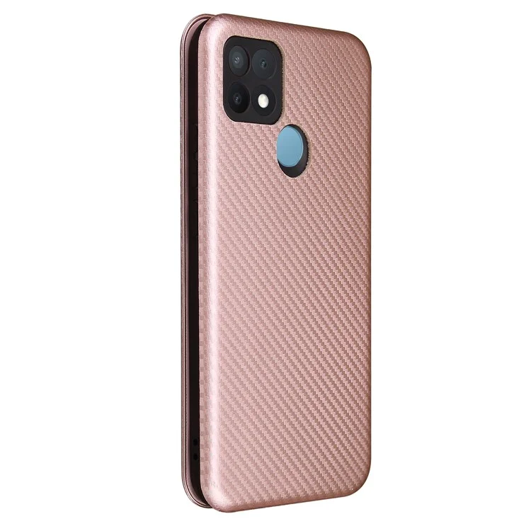 Protettore in Pelle Assorbita Automatica Della Trama in Fibra di Carbonio Per Guscio di Supporto Oppo A15 - Oro Rosa