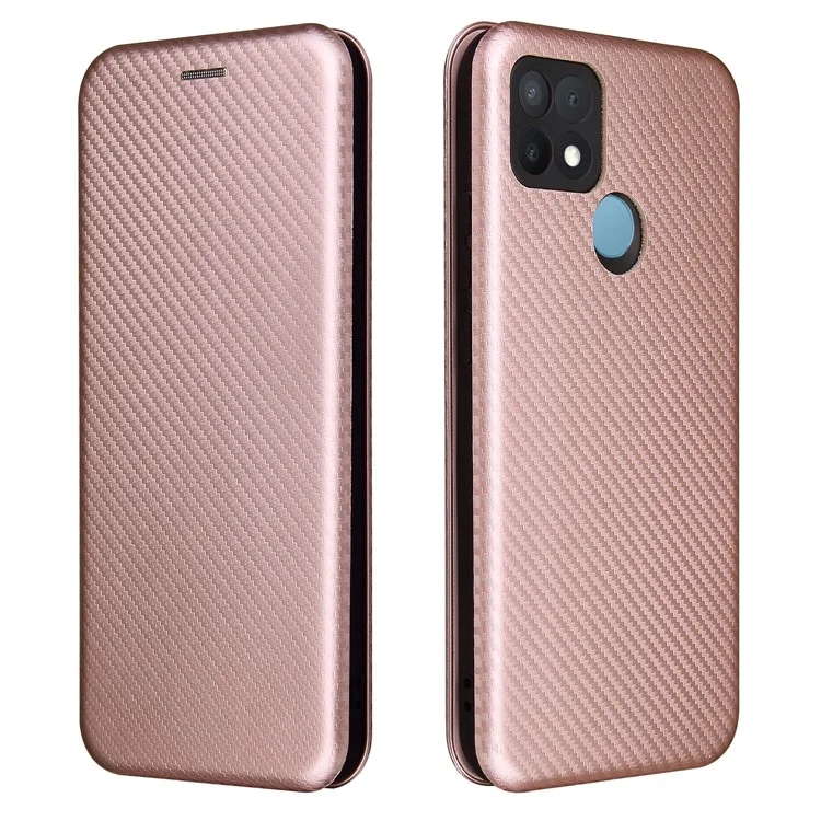 Protettore in Pelle Assorbita Automatica Della Trama in Fibra di Carbonio Per Guscio di Supporto Oppo A15 - Oro Rosa