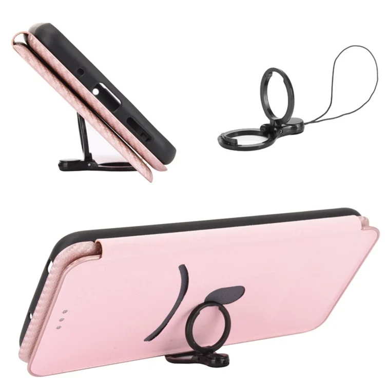 Protettore in Pelle Assorbita Automatica Della Trama in Fibra di Carbonio Per Guscio di Supporto Oppo A15 - Oro Rosa