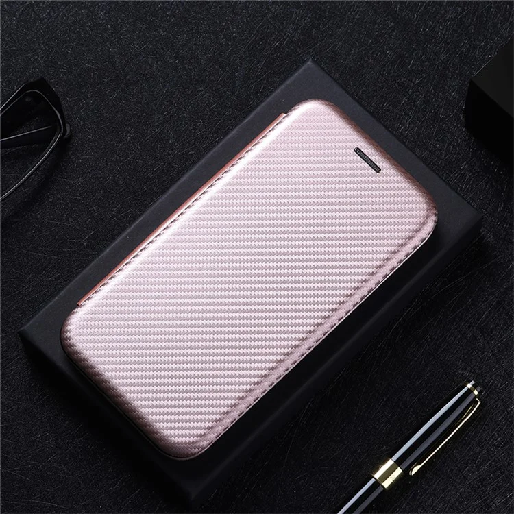 Protettore in Pelle Assorbita Automatica Della Trama in Fibra di Carbonio Per Guscio di Supporto Oppo A15 - Oro Rosa