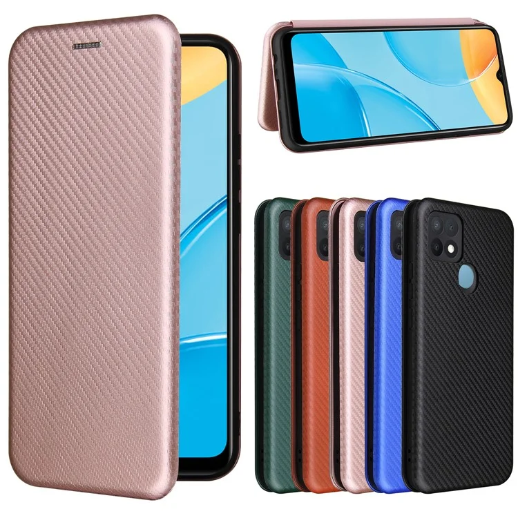 Protettore in Pelle Assorbita Automatica Della Trama in Fibra di Carbonio Per Guscio di Supporto Oppo A15 - Oro Rosa