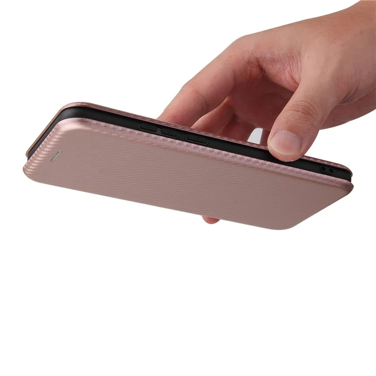 Protettore in Pelle Assorbita Automatica Della Trama in Fibra di Carbonio Per Guscio di Supporto Oppo A15 - Oro Rosa