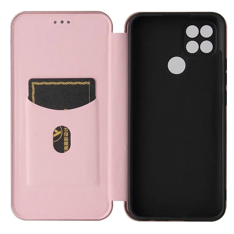 Protettore in Pelle Assorbita Automatica Della Trama in Fibra di Carbonio Per Guscio di Supporto Oppo A15 - Oro Rosa