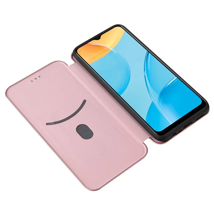 Protettore in Pelle Assorbita Automatica Della Trama in Fibra di Carbonio Per Guscio di Supporto Oppo A15 - Oro Rosa