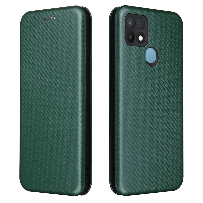 Carbon Fiber Texture Auto-absorbed Leather Protector for OPPO A15 Stand Shell - Green