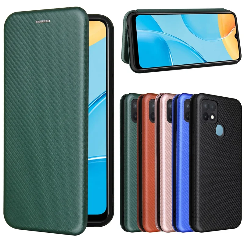 Carbon Fiber Texture Auto-absorbed Leather Protector for OPPO A15 Stand Shell - Green