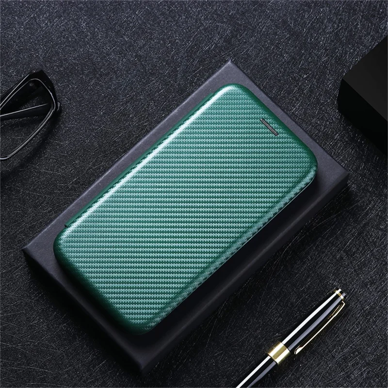 Carbon Fiber Texture Auto-absorbed Leather Protector for OPPO A15 Stand Shell - Green
