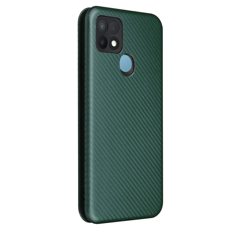 Carbon Fiber Texture Auto-absorbed Leather Protector for OPPO A15 Stand Shell - Green
