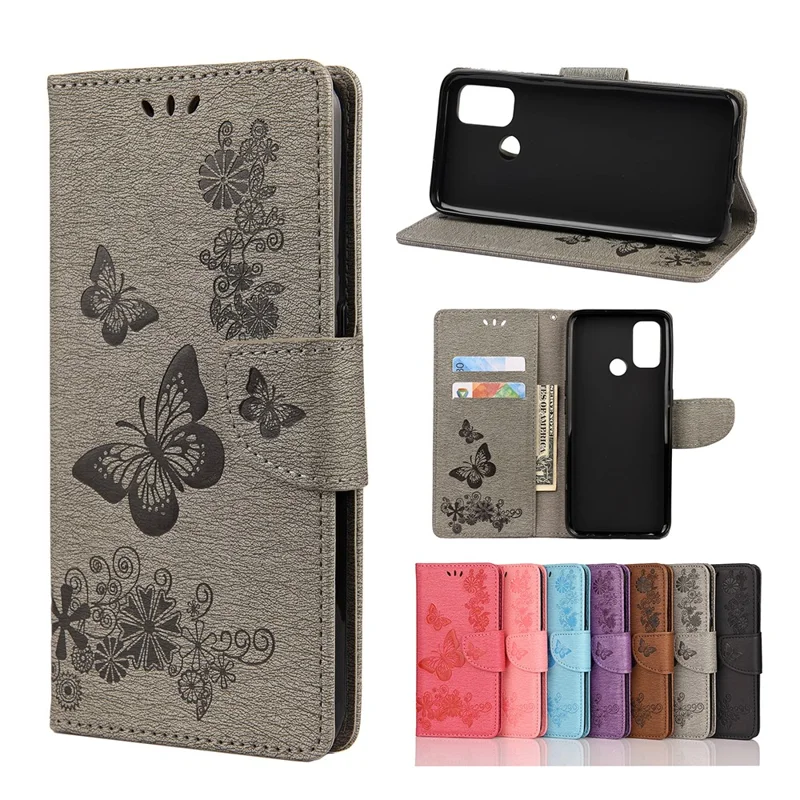 Imprint Butterfly Pattern Leather Wallet Phone Shell for Oppo A53s - Grey