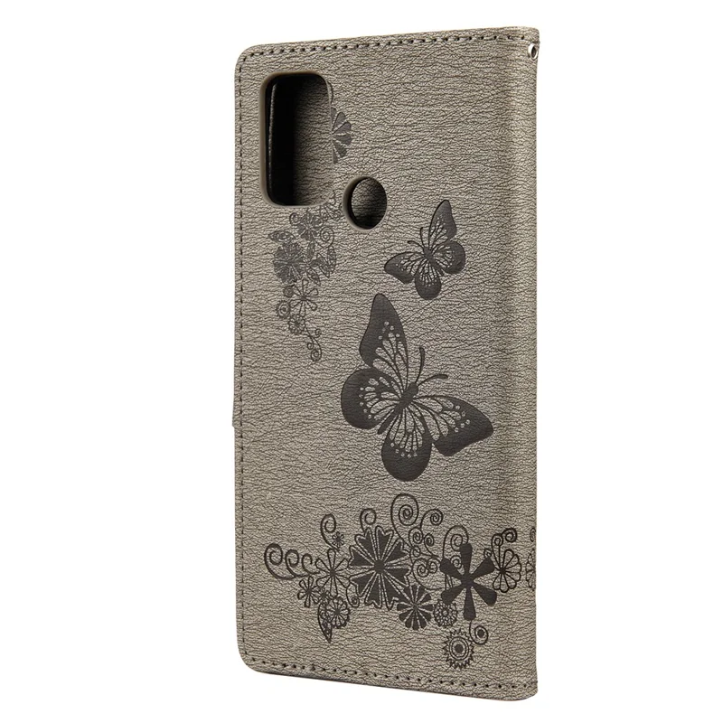Imprint Butterfly Pattern Leather Wallet Phone Shell for Oppo A53s - Grey