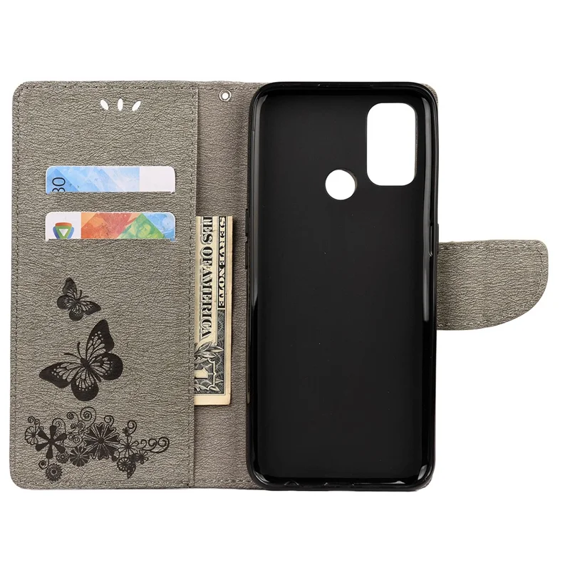 Imprint Butterfly Pattern Leather Wallet Phone Shell for Oppo A53s - Grey
