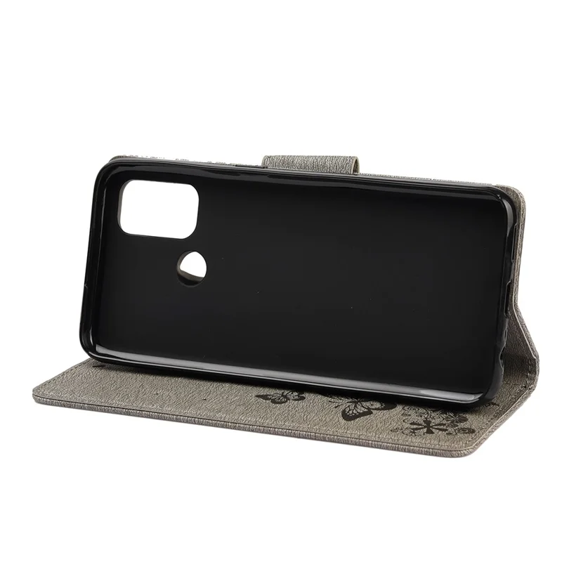 Imprint Butterfly Pattern Leather Wallet Phone Shell for Oppo A53s - Grey