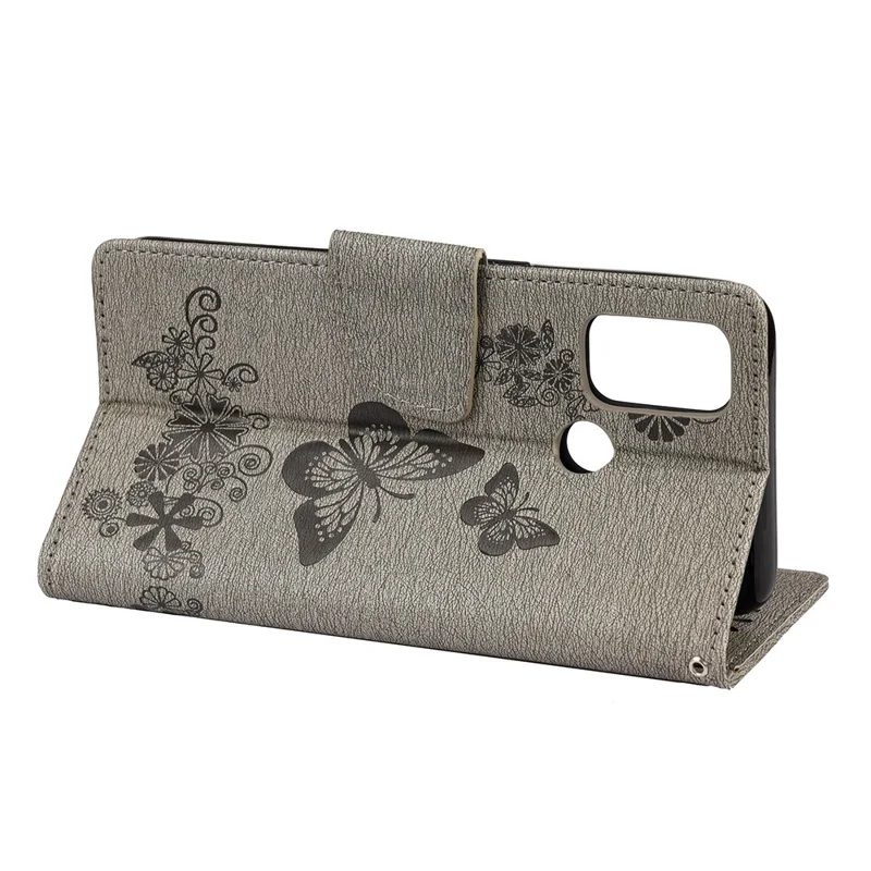 Imprint Butterfly Pattern Leather Wallet Phone Shell for Oppo A53s - Grey