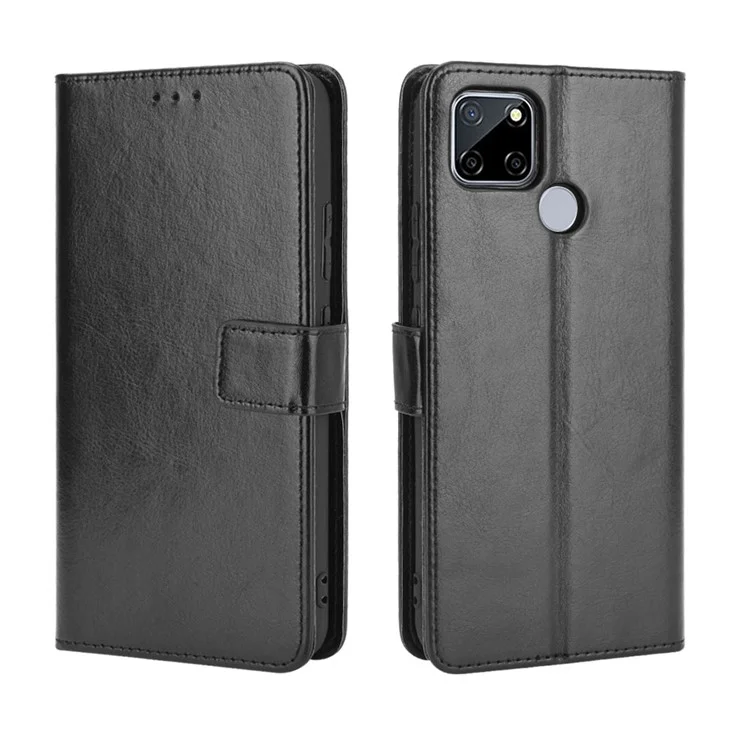 Crazy Horse Wallet Stand Lederschale Mit Riemen Für Oppo A15 - Schwarz