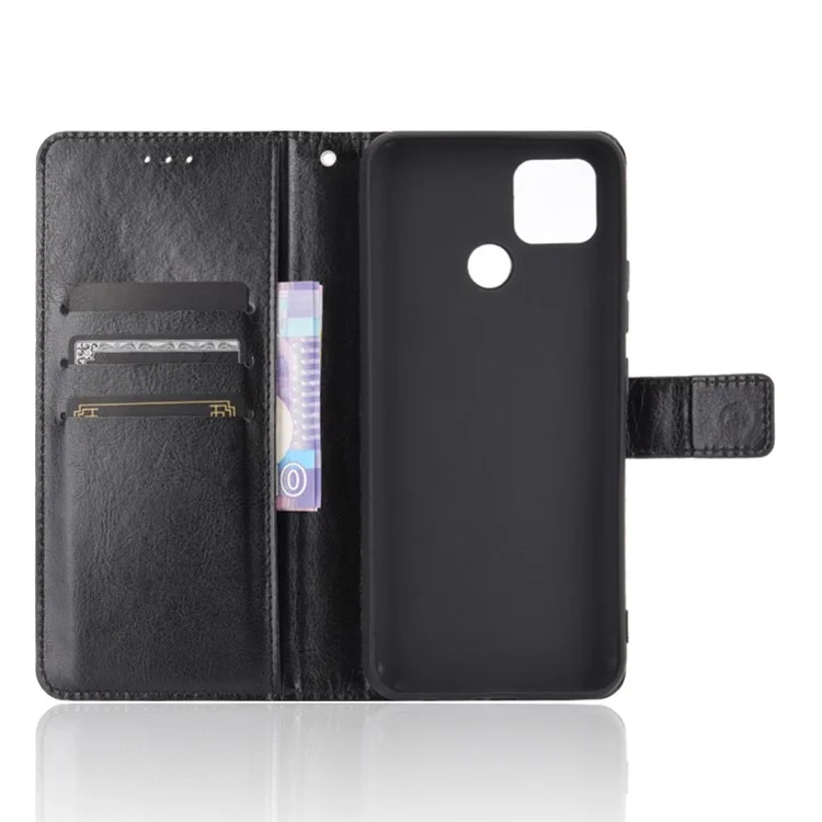 Crazy Horse Wallet Stand Lederschale Mit Riemen Für Oppo A15 - Schwarz