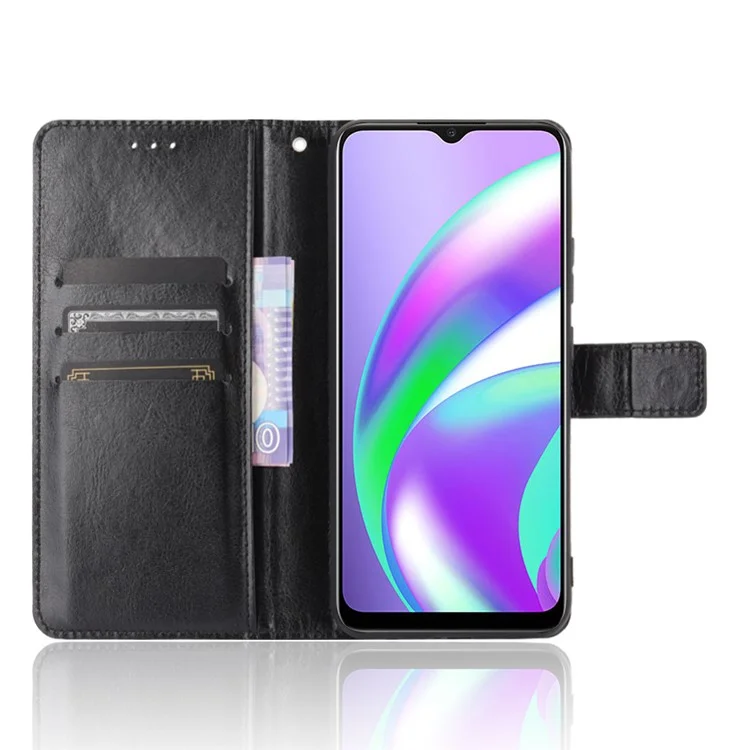 Crazy Horse Wallet Stand Lederschale Mit Riemen Für Oppo A15 - Schwarz