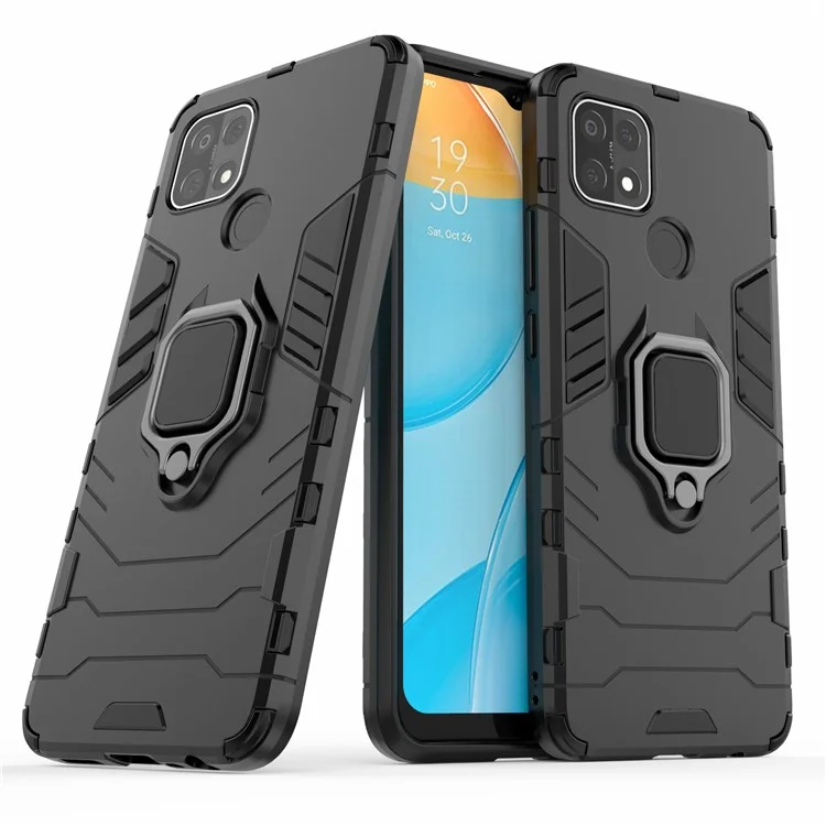 Custodia ibrida per telefono PC + TPU con anello per dito e supporto per OPPO A15 - Nero