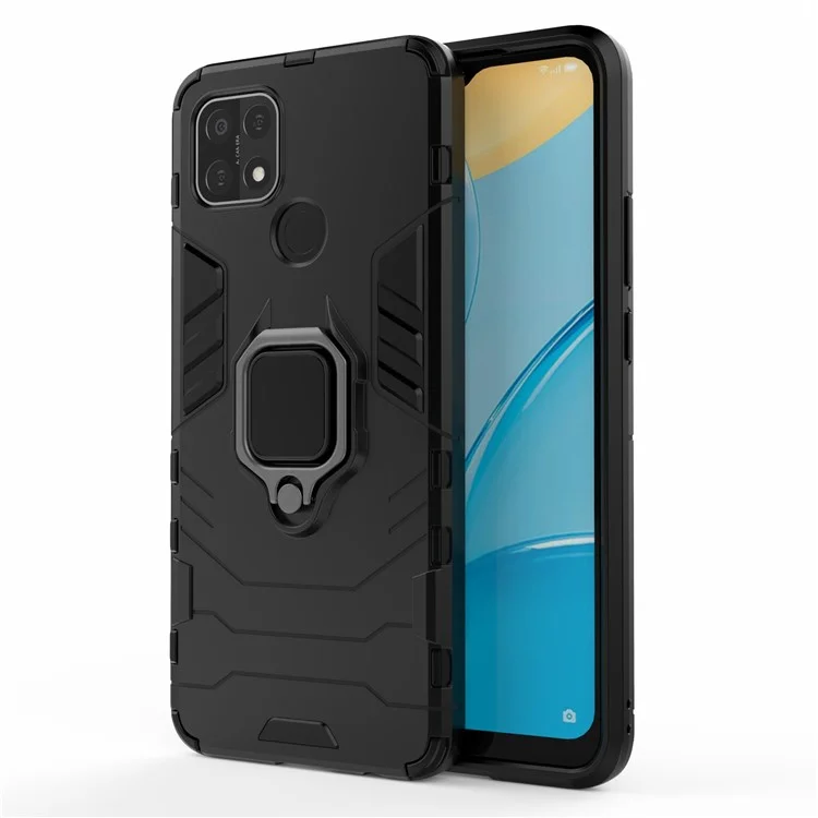 Custodia ibrida per telefono PC + TPU con anello per dito e supporto per OPPO A15 - Nero