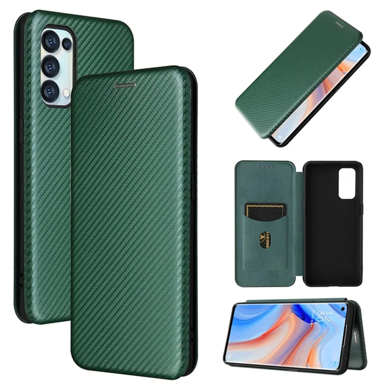 Full Coverage Auto-absorbed Carbon Fiber Leather Card Holder Cover Case for OPPO Reno 5 5G/Reno5 4G/Reno5 K/Find X3 Lite - Green
