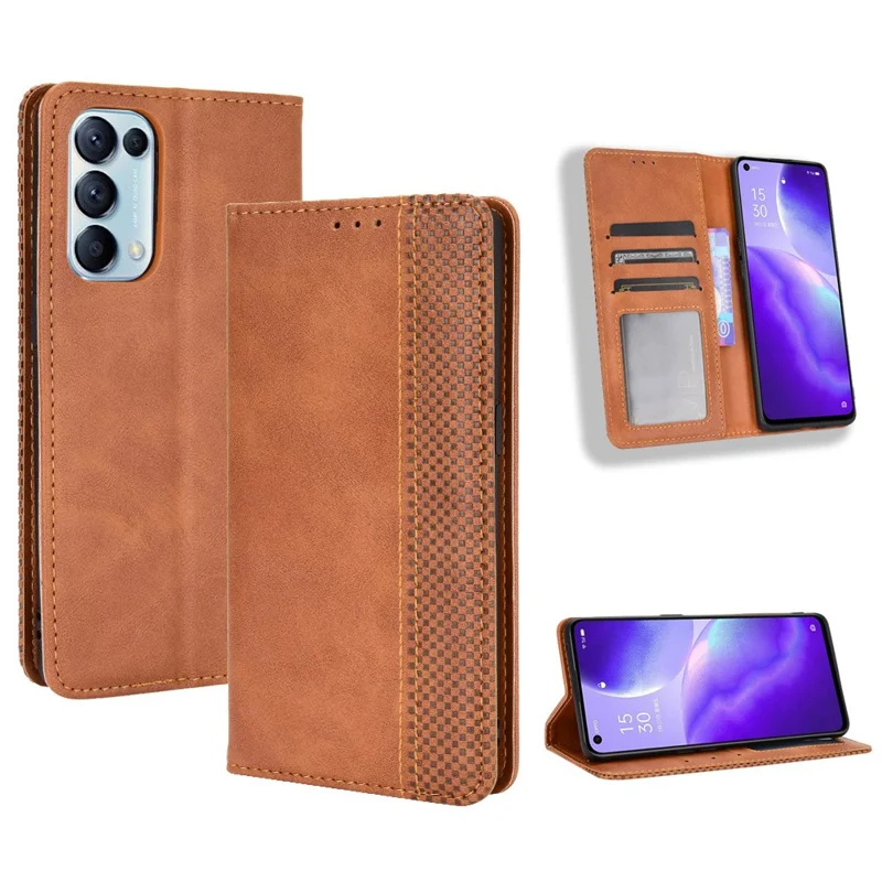 Retrostijl Automatisch Aanhechthend Leer Wallet Stand Telefoonhoes Volledige Bescherming voor Oppo Reno5 5G - Bruin