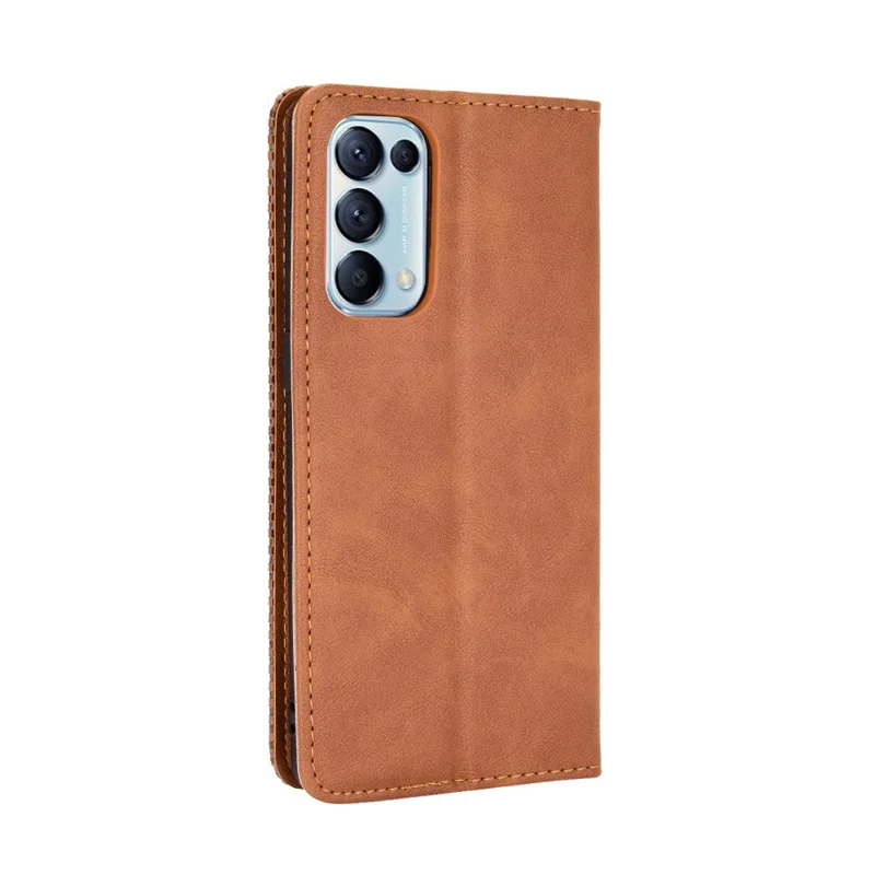 Retrostijl Automatisch Aanhechthend Leer Wallet Stand Telefoonhoes Volledige Bescherming voor Oppo Reno5 5G - Bruin