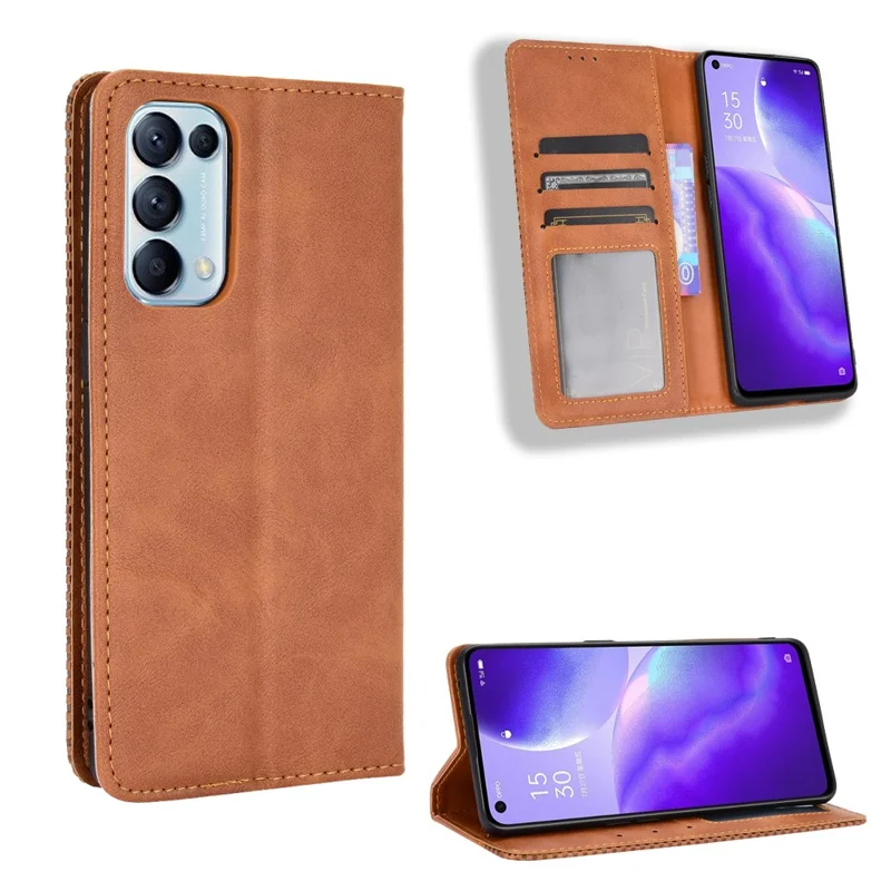 Retrostijl Automatisch Aanhechthend Leer Wallet Stand Telefoonhoes Volledige Bescherming voor Oppo Reno5 5G - Bruin