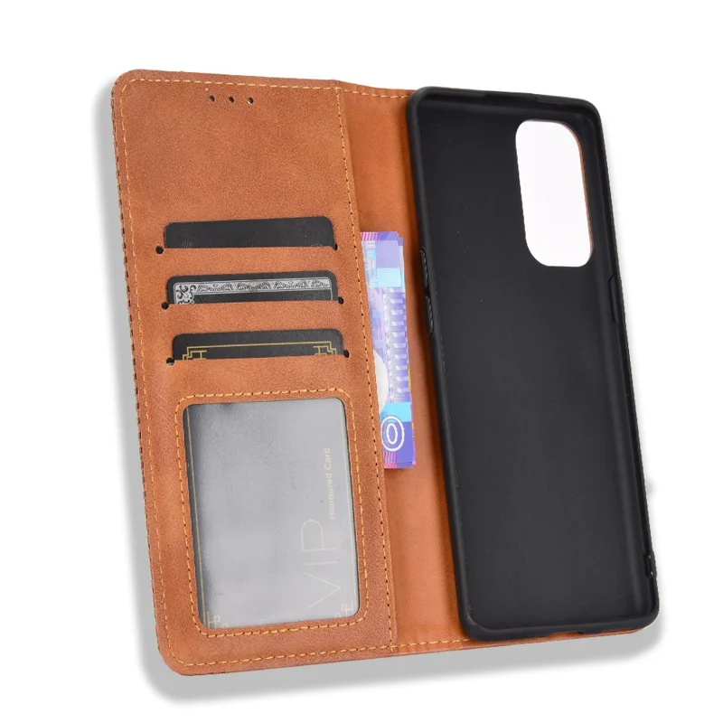 Retrostijl Automatisch Aanhechthend Leer Wallet Stand Telefoonhoes Volledige Bescherming voor Oppo Reno5 5G - Bruin