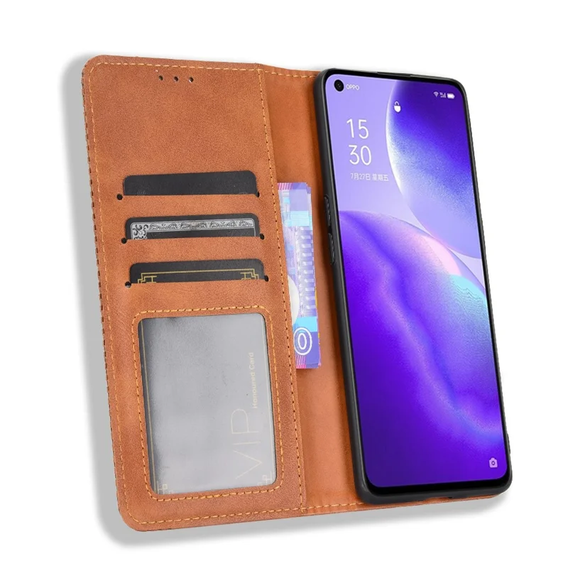 Retrostijl Automatisch Aanhechthend Leer Wallet Stand Telefoonhoes Volledige Bescherming voor Oppo Reno5 5G - Bruin