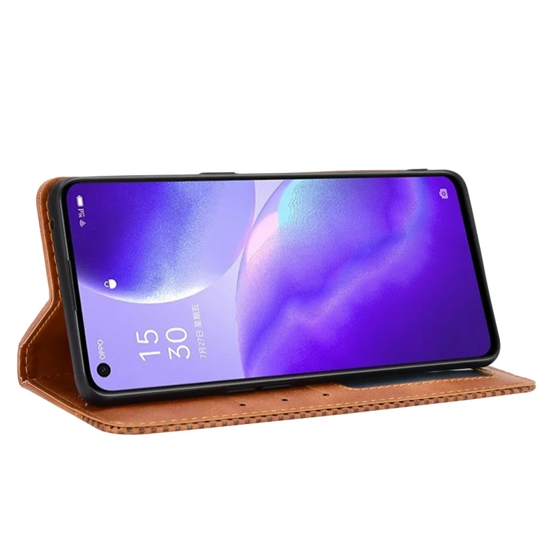 Retrostijl Automatisch Aanhechthend Leer Wallet Stand Telefoonhoes Volledige Bescherming voor Oppo Reno5 5G - Bruin