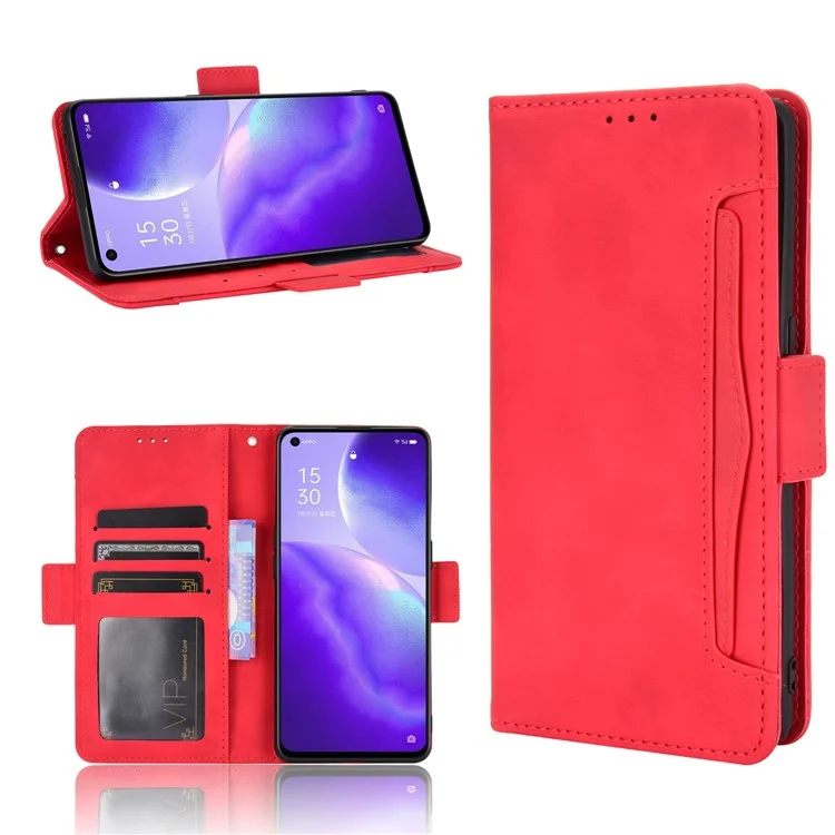 Leather Wallet Protective Shell for Oppo Reno5 5G Multiple Card Slots Case - Red