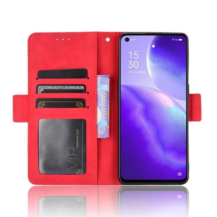 Leather Wallet Protective Shell for Oppo Reno5 5G Multiple Card Slots Case - Red