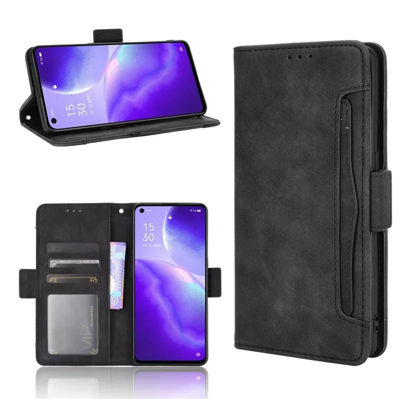 Leather Wallet Protective Shell for Oppo Reno5 5G Multiple Card Slots Case - Black