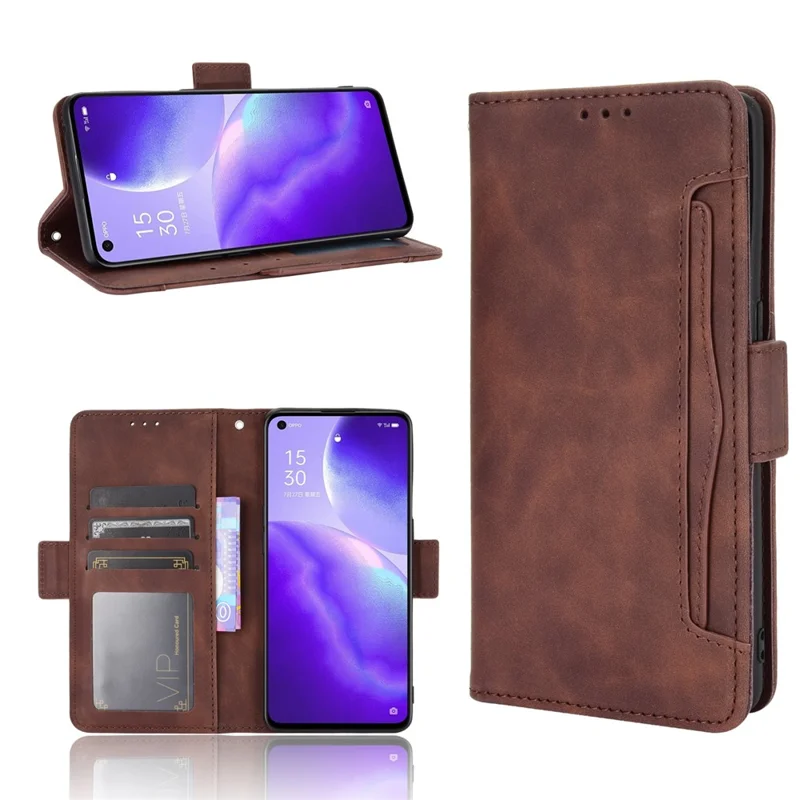 Leather Wallet Protective Shell for Oppo Reno5 5G Multiple Card Slots Case - Brown