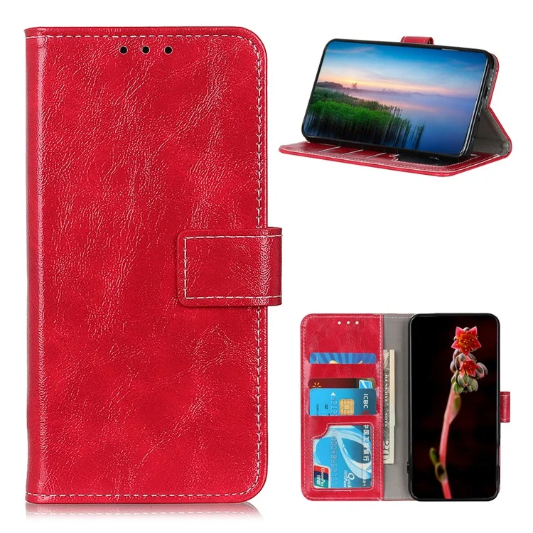 Rétro Style Crazy Horse Texture Leather Phone Cover avec Portefeuille Support Design pour Oppo Reno5 Pro Plus 5G/Find X3 Neo - Rouge